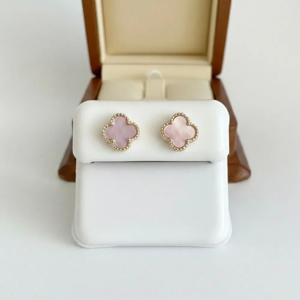 Mother of Pearl Clover Stud Earrings Gold Vermeil Beaded Trim Elegant Gift New